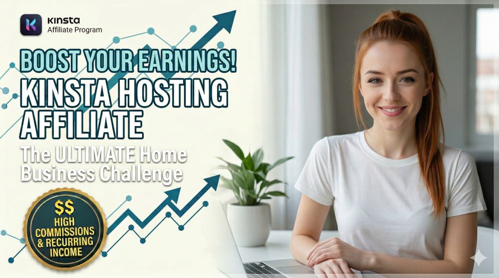 Becca Newton with her hair tied in a ponytail sits at a desk in an office setting. She smiles at the camera, wearing a white t-shirt. On the desk, there's a laptop, a potted plant, and a large black circle containing the text 'BOOST YOUR EARNINGS! KINSTA HOSTING AFFILIATE. THE ULTIMATE Home Business Challenge.' A green graph with increasing arrows and small yellow dots is in the background. In the bottom left, a round golden seal with the text '$$ HIGH COMMISSIONS & RECURRING INCOME' is present.
