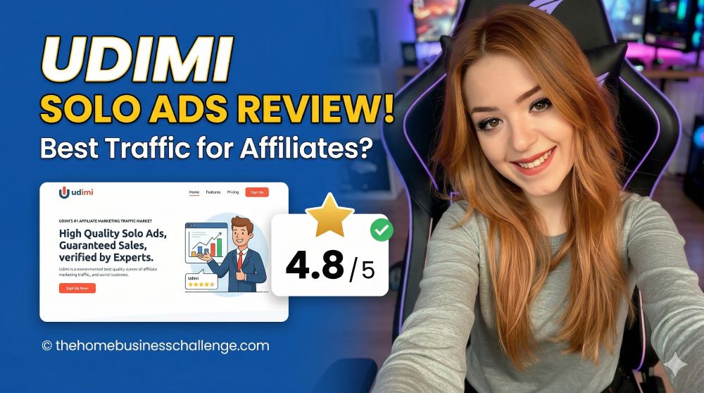 A wide YouTube-style featured image for a Udimi Solo Ads review, featuring Becca Newton in a gaming chair next to a 4.8/5 star rating and the website URL thehomebusinesschallenge.com