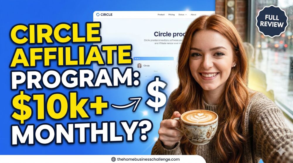 A YouTube thumbnail for a full review of the Circle Affiliate Program, featuring Becca Newton in a brown sweater holding a latte. The headline reads 'CIRCLE AFFILIATE PROGRAM: $10K+ MONTHLY?'