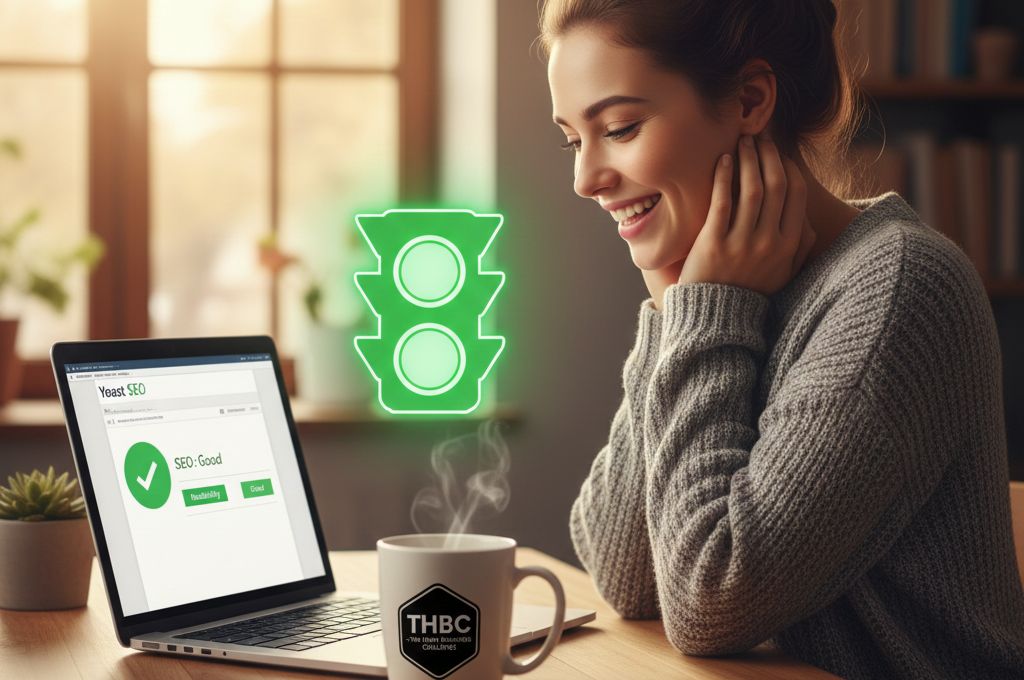 Woman at her computer getting the yoast seo green light on her post