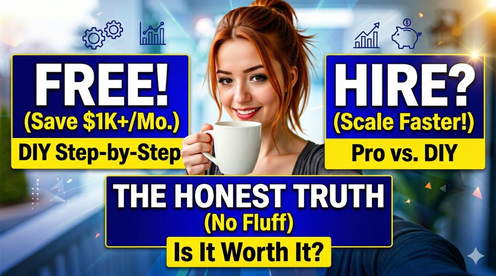 Becca smiling and holding a mug is in the center, flanked by boxes on the left labeled FREE! (Save $1K+/Mo.) DIY Step-by-Step and on the right labeled "HIRE? (Scale Faster!) Pro vs. DIY". Below the woman is a box with the text THE HONEST TRUTH (No Fluff) Is It Worth It? The boxes are dark blue with white and yellow lettering.