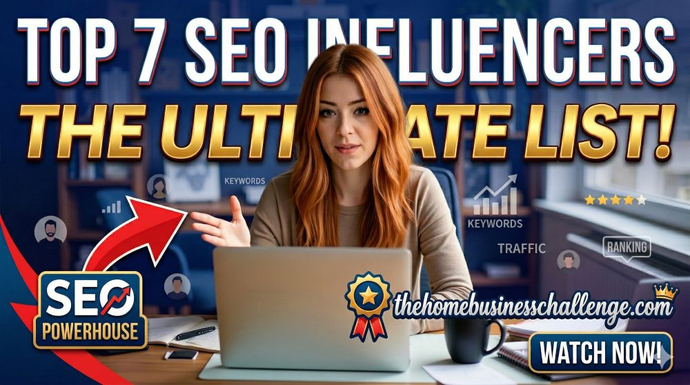 A high-energy YouTube thumbnail featuring Becca Newton at a desk with a laptop. Large, bold text reads TOP 7 SEO INFLUENCERS THE ULTIMATE LIST! with professional graphics including an SEO Powerhouse badge, growth charts, and the URL thehomebusinesschallenge.com