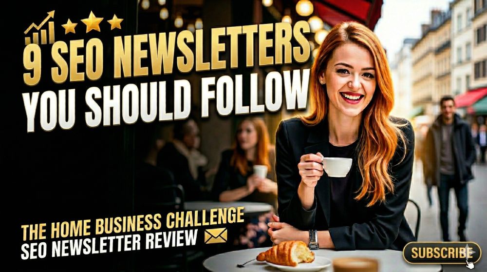 A YouTube-style thumbnail featuring Becca Newton at a Parisian café holding a coffee cup, with bold gold and white text reading '9 SEO Newsletters You Should Follow' on a dark background