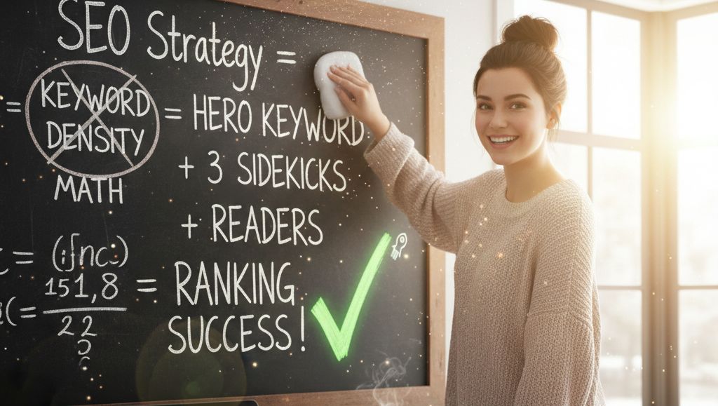 woman at chalkboard finding keyword density ratio