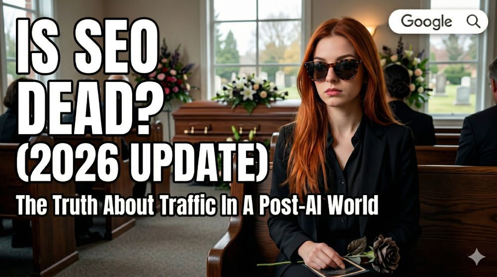 Becca Newton in a black suit and dark sunglasses sits in a funeral parlor pew, holding a single black rose. Behind her, a wooden casket is surrounded by floral arrangements. Large, bold text overlays the left side of the image reading IS SEO DEAD? (2026 UPDATE) The Truth About Traffic In A Post-AI World, with a Google search bar icon in the top right corner.