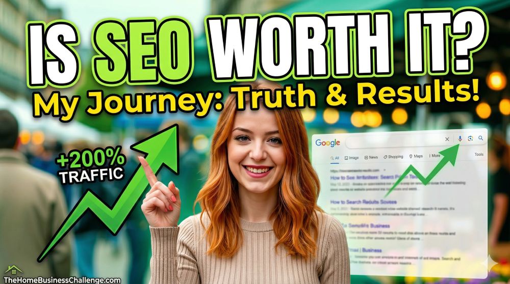 A YouTube-style thumbnail for 'Is SEO Worth It?' featuring Becca Newton with auburn hair pointing at a large green upward-trending arrow. The background shows a blurred outdoor market and a digital Google search results overlay. High-contrast text reads 'IS SEO WORTH IT? My Journey: Truth & Results!' with a '+200% TRAFFIC' callout