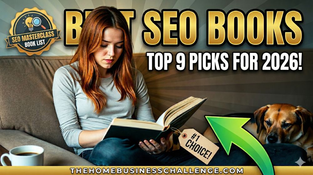 A YouTube thumbnail featuring Becca Newton with red hair sitting on a couch and reading a book next to a dog. The image includes bold, stylized text that reads BEST SEO BOOKS: TOP 9 PICKS FOR 2026! A large green arrow points toward the book she is holding, which has a tag labeled #1 CHOICE! The bottom of the image features the website URL THEHOMEBUSINESSCHALLENGE.COM and an "EO Masterclass Book List badge in the top left corner.