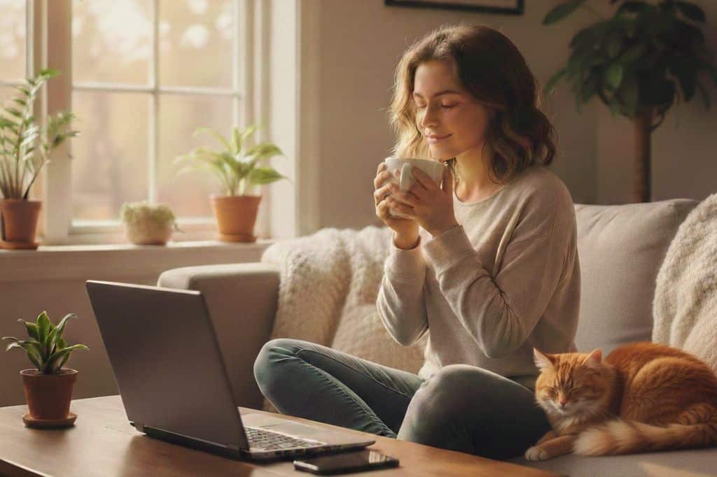 woman drinking coffee happy with affiliate marketing success