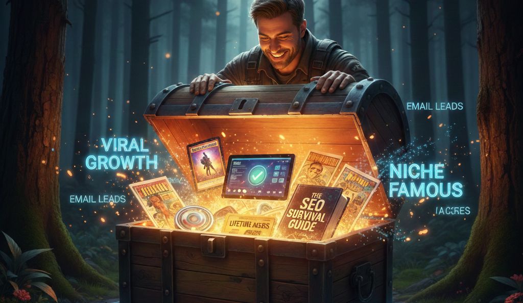 Man standing over a treasure chest of giveaways