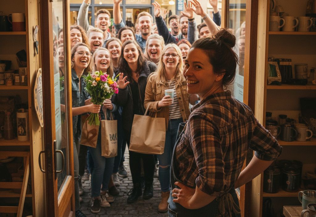 woman admiring her increased traffic outside her shop