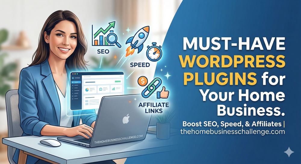 A professional woman sitting at a desk with a laptop, featuring a digital overlay of icons for SEO, Site Speed, and Affiliate Links. Large text on the right reads "Must-Have WordPress Plugins for Your Home Business" with the website thehomebusinesschallenge.com displayed at the bottom