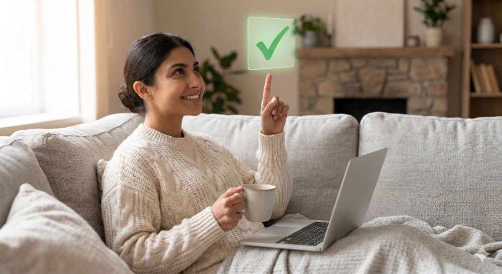 A smiling woman cozy on a couch with a laptop and coffee, pointing upwards to a floating green checkmark box, signaling a completed task.