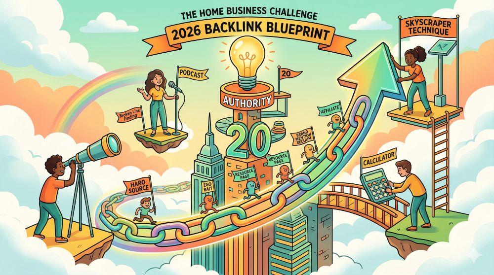 Whimsical illustration of entrepreneurs collaborating on a cloud-based building labeled 'AUTHORITY'. They are using fun, cartoon-style icons like a telescope, microphone, calculator, and building blocks to visualize 20 specific '2026 Backlink Blueprint' strategies. The image is energetic, playful, and signifies creative growth for thehomebusinesschallenge.com.