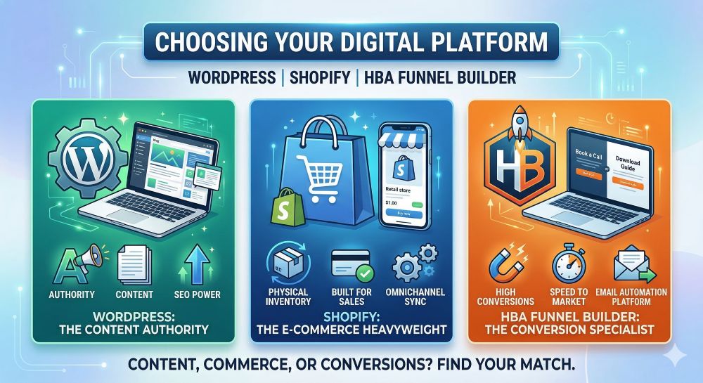 A banner across the top states "CHOOSING YOUR DIGITAL PLATFORM" with the sub-headline "WORDPRESS | SHOPIFY | HBA FUNNEL BUILDER." A bottom banner reads "CONTENT, COMMERCE, OR CONVERSIONS? FIND YOUR MATCH.