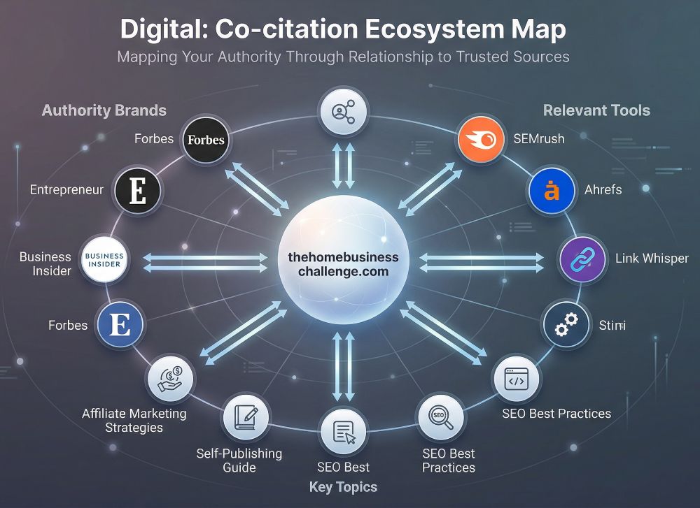 A conceptual network map titled 'The Co-citation Ecosystem (2026 AI Visibility)' shows the website 'thehomebusinesschallenge.com' in the center, surrounded by a ring of interconnected 'Associated Entities'. Nodes include 'Forbes', 'HubSpot', 'Link Whisper', 'Affiliate Marketing Strategies', 'Self-Publishing Guide', and 'SEO Best Practices'. Double-sided arrows connect the center to these entities, illustrating how contextual mentions and links train search engines and AI models to recognize the website as a trusted authority. A subtitle reads: 'Mapping Your Authority Through Relationship to Trusted Sources'.