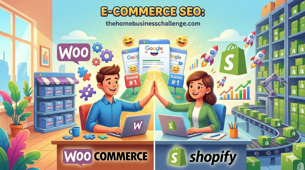 A vibrant, split-screen illustration for thehomebusinesschallenge.com comparing E-commerce SEO for WooCommerce and Shopify. On the left, a man works at a laptop with WooCommerce branding and puzzle pieces; on the right, a woman works with Shopify branding and a large warehouse background. Both screens lead to a central Google search page showing "#1 Rank" results.