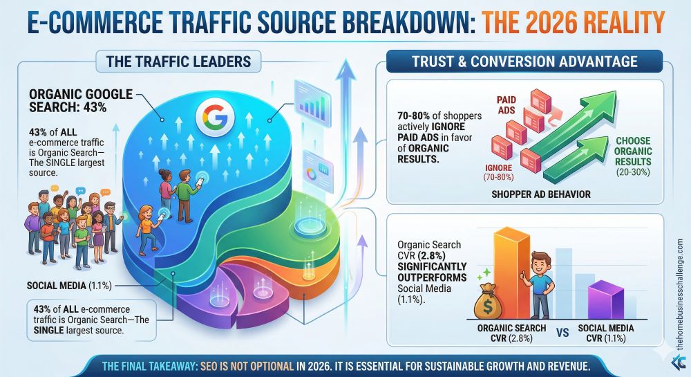 An e-commerce traffic infographic for thehomebusinesschallenge.com titled "The 2026 Reality." It features a 3D pie chart showing organic Google search as the leader at 43%, a bar graph highlighting that organic search conversion rates (2.8%) outperform social media (1.1%), and a visual showing that 70-80% of shoppers ignore paid ads.