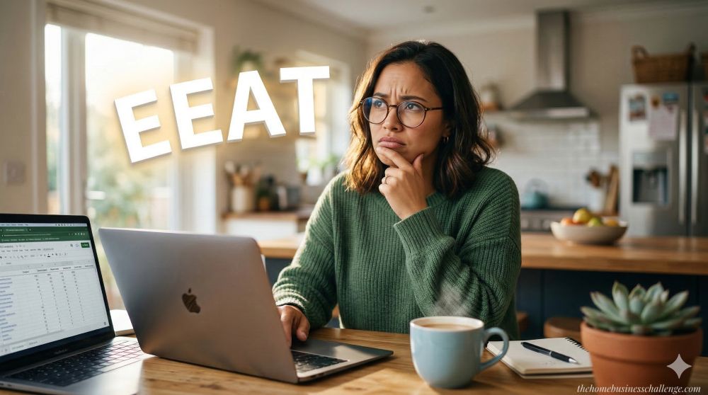 A woman sitting at a home office desk with a laptop and coffee, looking confused at the floating letters 'EEAT' above her, illustrating the challenge of understanding Google's E-E-A-T guidelines for affiliate websites.