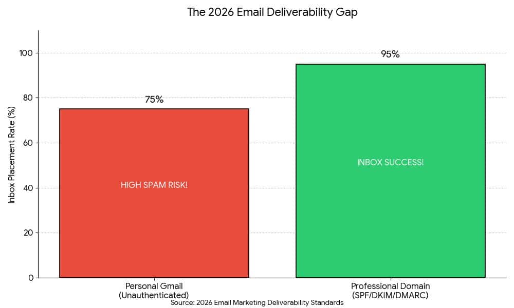 Bar chart comparing 2026 email deliverability rates between unauthenticated personal Gmail accounts (75% inbox placement) and authenticated professional domains (95% inbox placement). Highlighting the 20% success gap