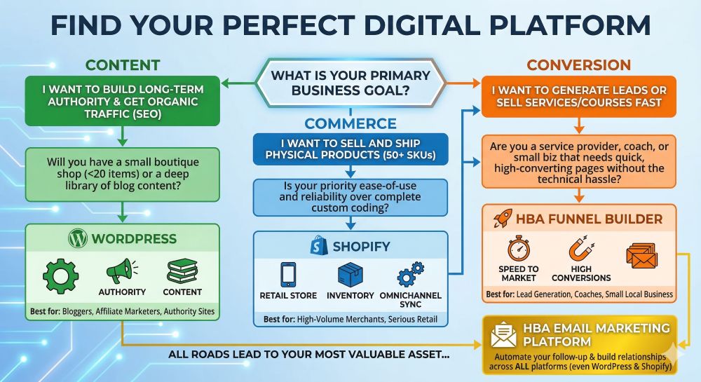A flowchart infographic titled 'FIND YOUR PERFECT DIGITAL PLATFORM' that guides business owners to choose between WordPress, Shopify, and the HBA Funnel Builder based on their primary goal: long-term authority (SEO/Content), physical product sales (Commerce), or quick lead generation (Conversion). The green path leads to WordPress, the blue to Shopify, and the orange to the HBA Funnel Builder. A final, overriding section highlights that all paths should integrate with the HBA Email Marketing Platform for automated follow-up.