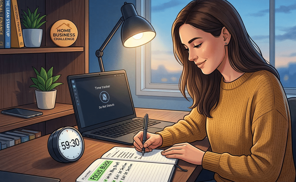 A woman in a yellow sweater sits focused at a wooden desk at dusk, writing with a pen in a planner titled "FOCUS BLOCK." A small round digital timer on the desk shows "59:30." On her open laptop, a "Time tracker" with a "Do Not Disturb" icon is visible. The bookshelf behind her contains books on "Deep Work," "Atomic Habits," and "The Lean Startup," alongside a round "The Home Business Challenge" logo sign. A desk lamp illuminates her work.
