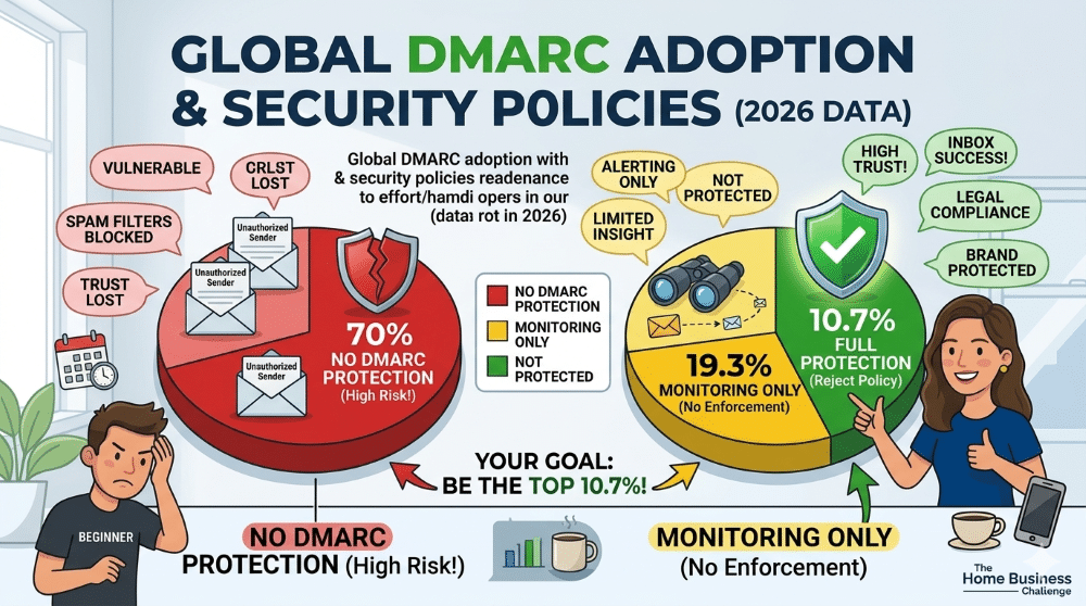 Pie chart showing global DMARC adoption and security policies in 2026. Data shows 70% of domains have no DMARC protection (high risk), while only 10.7% use the full 'Reject Policy' for maximum inbox success and brand protection