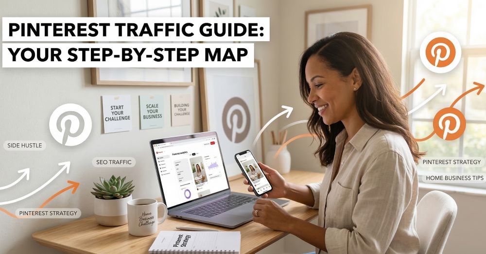 A professional woman sitting at a bright, modern home office desk using a laptop and smartphone to manage her Pinterest Business account. The image features a clean "Home Business Challenge" coffee mug, growth arrows pointing upward, Pinterest logos, and a clear title overlay that reads: "Pinterest Traffic Guide: Your Step-by-Step Map.