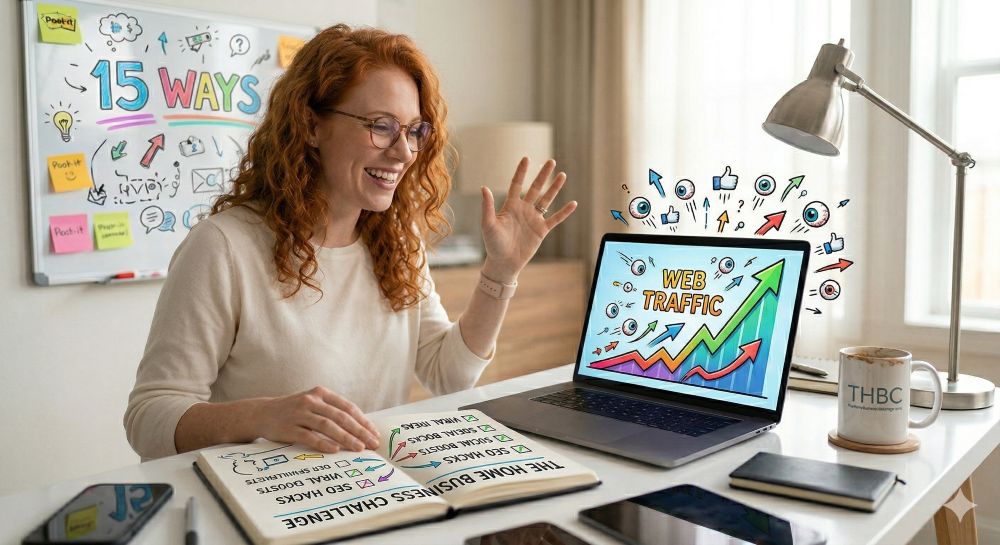 A red-haired woman with curly hair and glasses smiling at a laptop screen in a home office. On the screen, a colorful graph labeled 'WEB TRAFFIC' shows a sharp upward trend with flying icons. Behind her, a whiteboard with '15 WAYS' doodles, and a 'THE HOME BUSINESS CHALLENGE' planner with checklists point to the rising traffic. A 'THBC' coffee mug sits on the desk. She is actively engaged and expressing excitement.