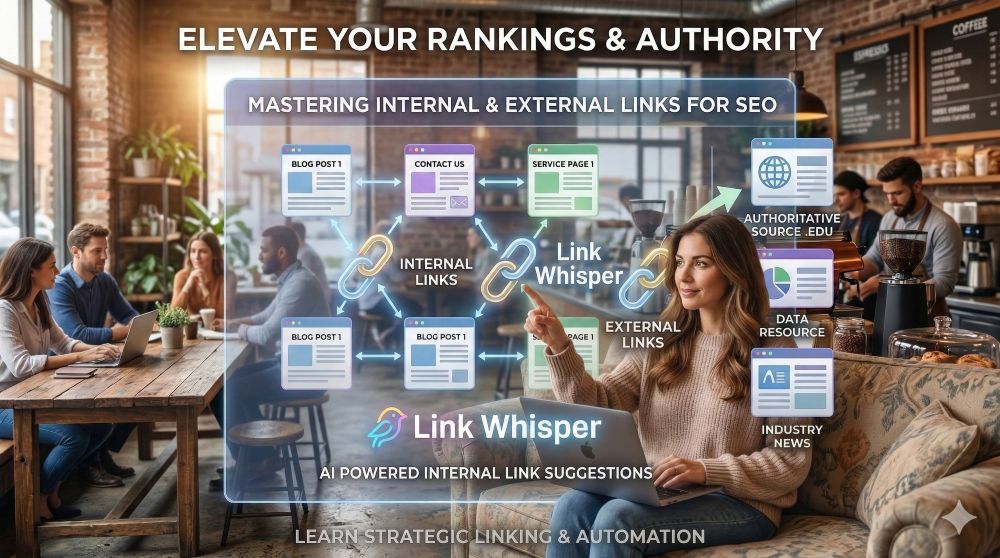 A woman working on a laptop in a cozy setting, interacting with a floating digital interface titled "Mastering Internal and External Links for SEO." The interface displays a flowchart of website pages, the Link Whisper bird logo, and text regarding AI-powered link suggestions.