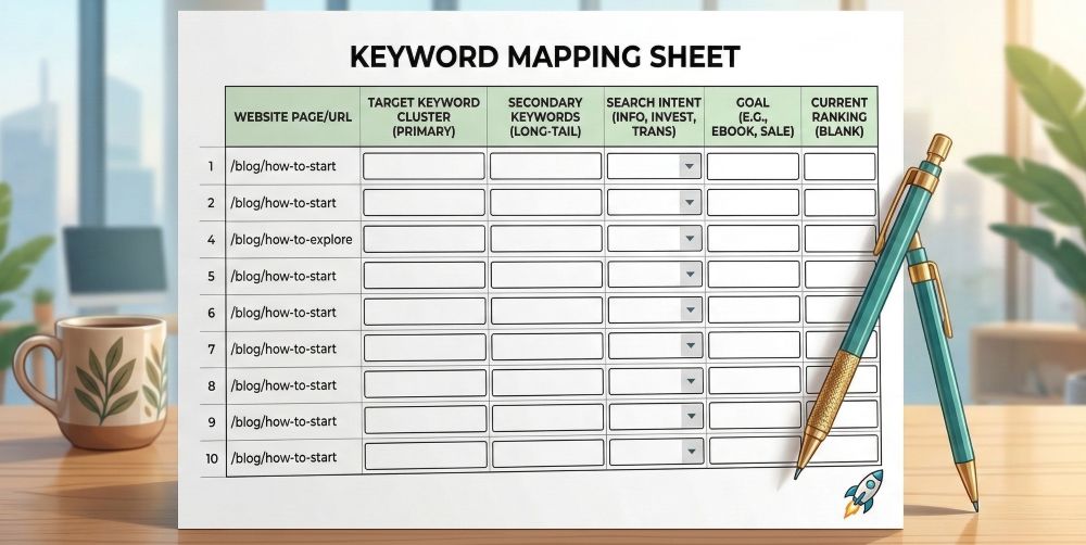 A close-up photograph of a structured "Keyword Mapping Sheet" spreadsheet mockup resting on a modern wooden home office desk. The sheet features columns labeled 'WEBSITE PAGE/URL', 'TARGET KEYWORD CLUSTER', 'SECONDARY KEYWORDS', 'SEARCH INTENT', and 'GOAL', with sample blank input boxes. A teal and gold pencil rests on the paper, symbolizing that this guide is a personal tool. The background is a gently blurred light office environment with large windows.