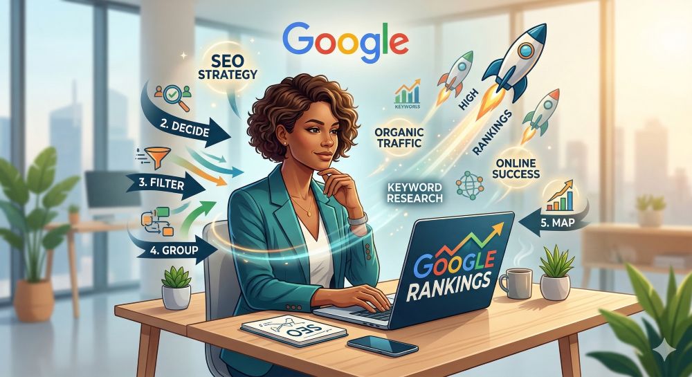 An illustrative infographic-style featured image for a Google keyword research guide. It features a professional woman at a laptop with a "Google Rankings" growth chart on the screen. Floating icons and arrows represent a 5-step SEO strategy: Decide, Filter, Group, and Map, leading toward soaring rockets labeled "High Rankings" and "Organic Traffic."