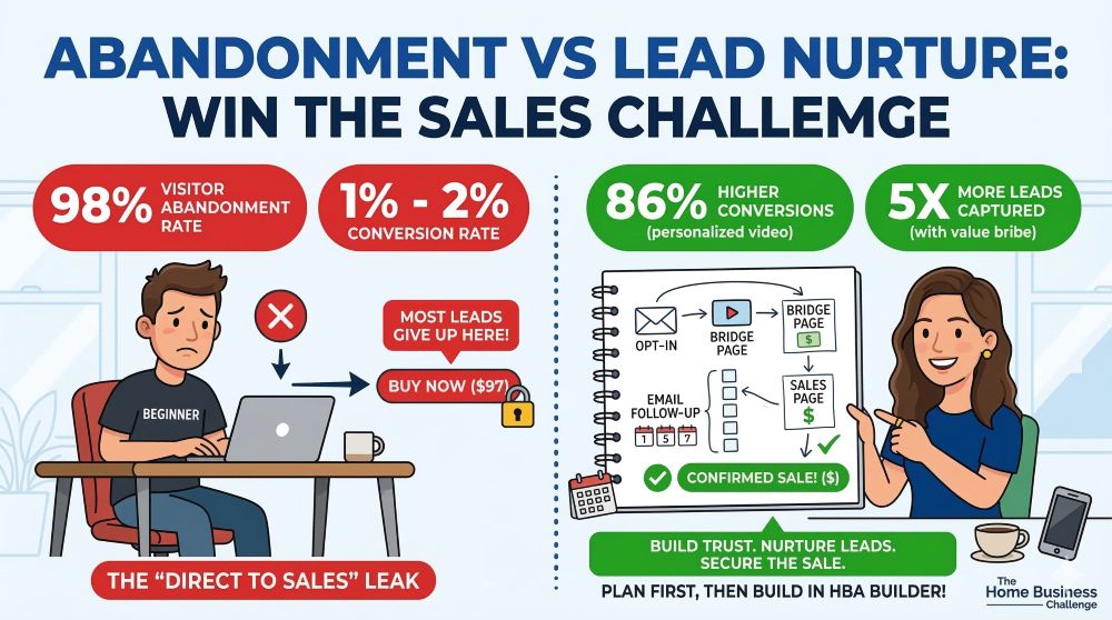 Infographic titled 'The Cost of Abandonment' comparing two business paths. The 'Leaky Funnel' side shows a 97% loss rate from cold leads, while the 'Lead Nurture' side shows a 450% increase in qualified leads through consistent follow-up and professional email sequences