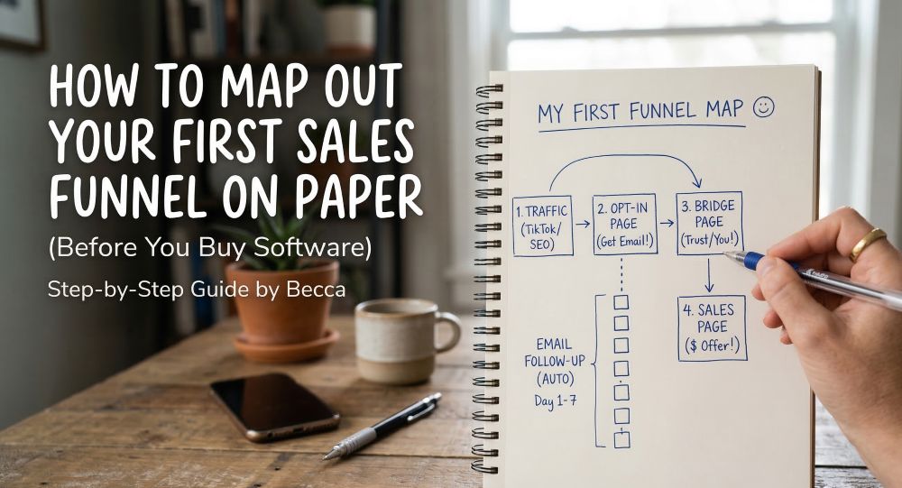 A hand-drawn sales funnel map on a spiral notebook featuring traffic, opt-in page, bridge page, and sales page boxes. Text on screen reads 'How to map out your first sales funnel on paper before you buy software'