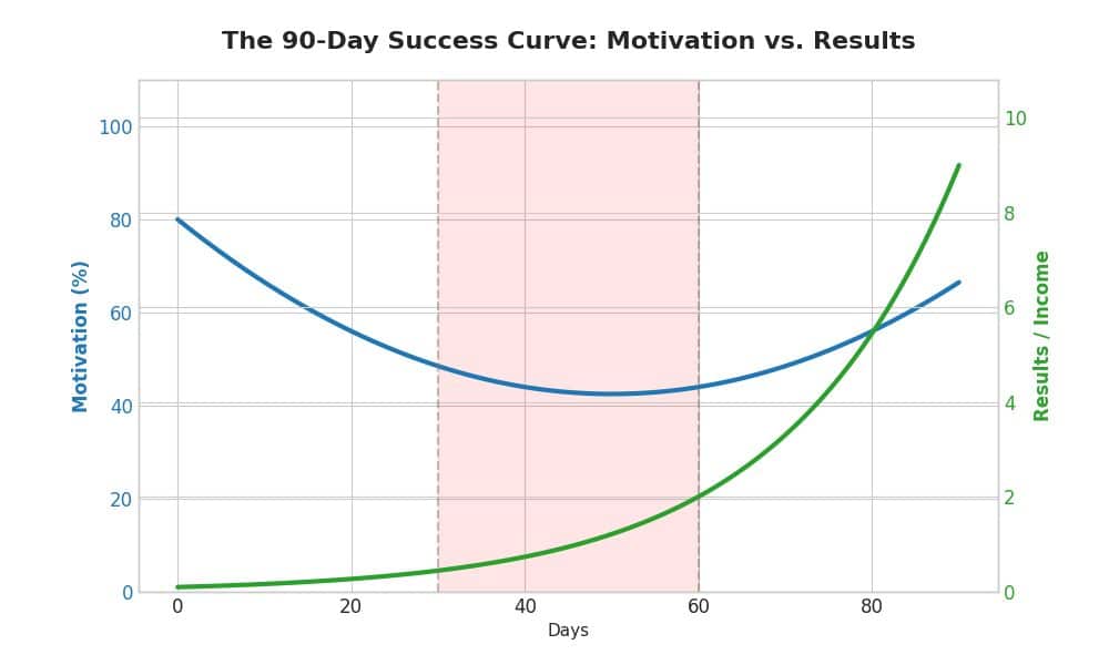 A line graph titled 'The 90-Day Success Curve: Motivation vs. Results.' The chart shows a blue line for motivation that starts high and dips significantly between days 30 and 60, labeled as 'The Danger Zone.' A green line representing results remains low initially but curves sharply upward after day 60. The graph illustrates the psychological phases of a new home business: Phase 1 (Honeymoon), Phase 2 (The Dip), and Phase 3 (Breakthrough).