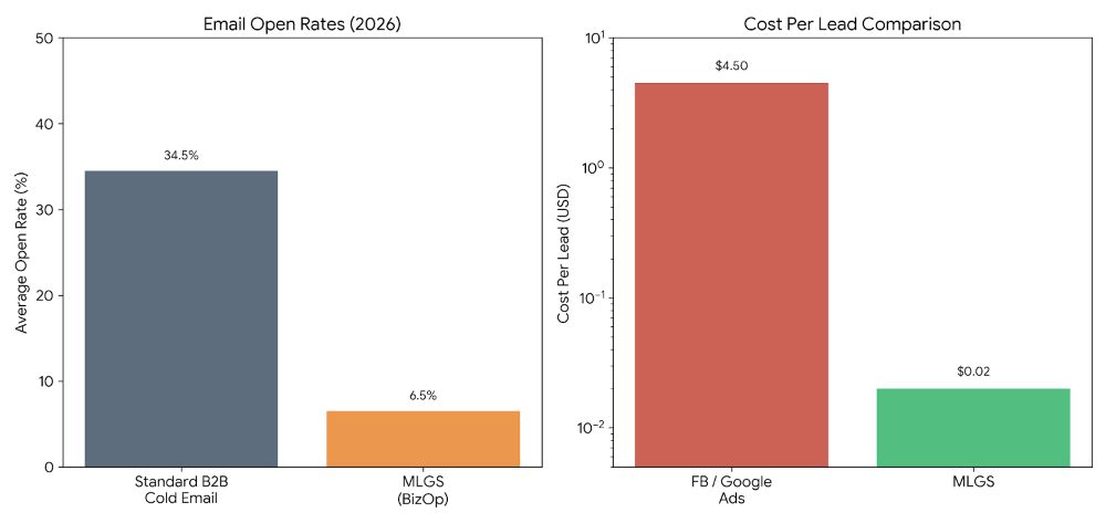 A side-by-side bar chart comparison. The left chart shows standard B2B cold email open rates (34.5%) versus MLGS (6.5%). The right chart shows the cost per lead for Facebook/Google Ads ($4.50) versus MLGS ($0.02), highlighting the massive cost advantage of MLGS.