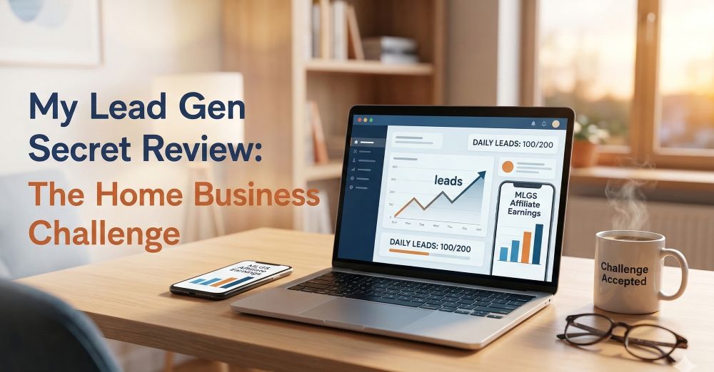 A laptop on a wooden desk showing a "My Lead Gen Secret" dashboard with a growth chart and "Daily Leads: 100/200" text, next to a smartphone displaying affiliate earnings and a coffee mug that reads "Challenge Accepted."