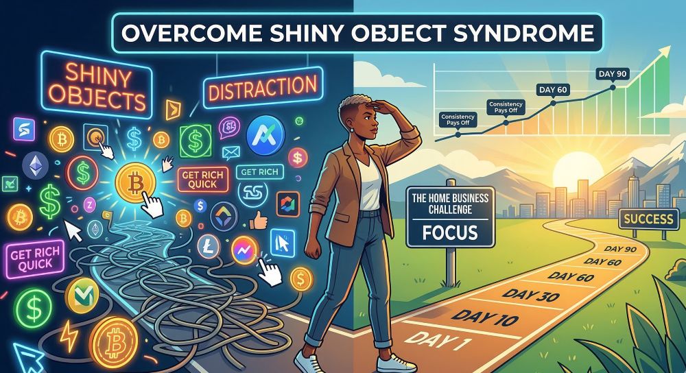 A conceptual illustration titled 'Overcome Shiny Object Syndrome.' The image is split into two sides: the left side is dark and chaotic, filled with neon signs for 'Get Rich Quick' schemes and tangled paths. The right side is bright and sunny, showing an entrepreneur walking a straight, clear path marked with milestones for 'Day 1' through 'Day 90.' A signpost in the center reads 'The Home Business Challenge: Focus.' A success graph in the background shows growth curving upward toward the 90-day mark.
