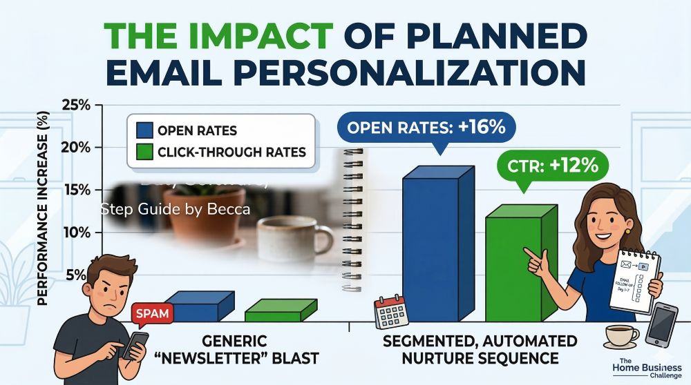 Bar chart showing the impact of planned email personalization on revenue in 2026. Data compares generic 'blast' emails (low revenue) to personalized, segmented email campaigns, which result in a 760% increase in revenue-per-email.