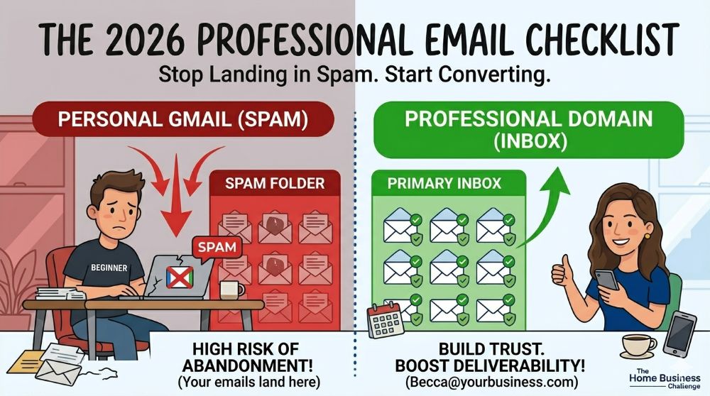 A split-screen comparison showing the difference between a personal Gmail account landing in the spam folder versus a professional custom domain email landing in the primary inbox. Text reads 'The 2026 Professional Email Checklist'