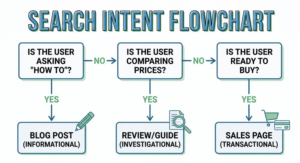 A Search Intent Flowchart graphic that illustrates a decision-making process. The user starts with a 'how-to' question, which can lead to an informational blog post, an investigational review, or a transactional sales page, depending on the response.