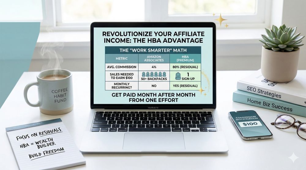 A brightly lit photo looking down on a well-organized white office desk from above. The main focus is an open laptop displaying an infographic that compares affiliate marketing earning potential. Large, bold text on the laptop reads, "REVOLUTIONIZE YOUR AFFILIATE INCOME: THE HBA ADVANTAGE." Below that is a smaller graphic comparing the "work smarter math" of an average Amazon affiliate commission to an HBA commission, with HBA having a clear advantage. To the left of the laptop is a steaming, coffee mug with text that reads, "COFFEE HABIT FUND." A notepad with the handwritten phrases "FOCUS ON RESIDUALS," "HBA = WEALTH BUILDER," and "BUILD FREEDOM" sits in front of the mug. To the right of the laptop are two stacked books titled "SEO Strategies" and "Home Biz Success" next to a potted succulent plant. Below the books is a cell phone displaying a "$100 commission notification" and a pair of reading glasses.