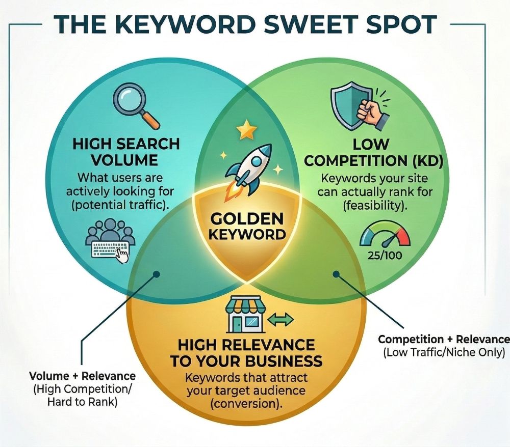 An infographic-style Venn diagram titled "The Keyword Sweet Spot," displayed against a blurred modern office background. Three distinct overlapping circles (teal, green, and gold) illustrate the relationship between High Search Volume, Low Competition (KD), and High Relevance to your business. A glowing gold intersection labeled "GOLDEN KEYWORD" with a rocket icon symbolizes the ideal keyword strategy.