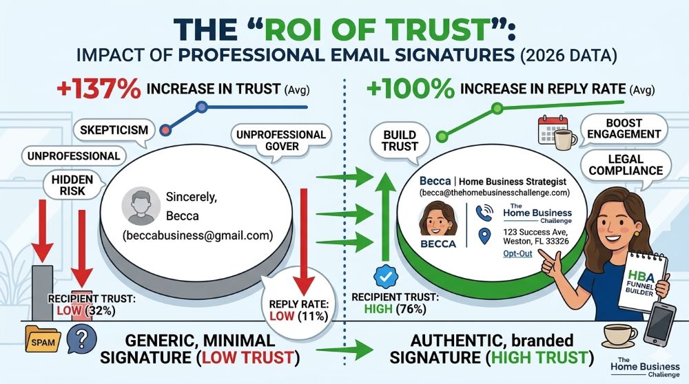 Here is the optimized alt text for your ROI of Trust infographic. This image is a powerhouse for showing your readers the "why" behind the effort, so the alt text reflects that value.

Option 1: The "Engagement Focused" Alt Text (Recommended)
"Infographic titled 'The ROI of Trust' comparing email signatures. Left side shows a generic signature with low trust (32%) and low reply rates (11%). Right side features a professional branded signature with a headshot, resulting in 76% trust and a 100% increase in reply rates