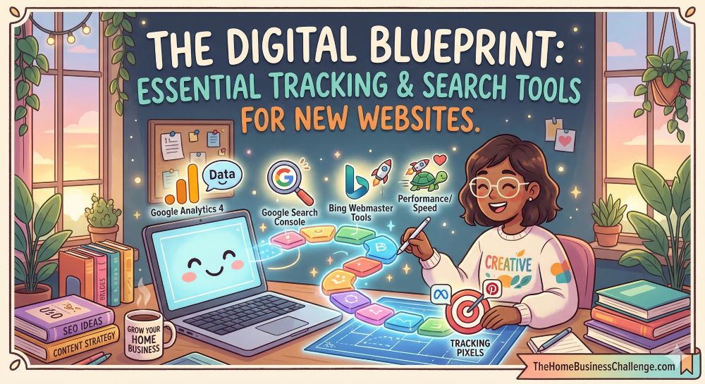 A friendly digital illustration for TheHomeBusinessChallenge.com titled 'The Digital Blueprint.' It shows a creative entrepreneur at a cozy desk building a website foundation using 5 key tools: Google Analytics 4, Search Console, Bing Webmaster Tools, PageSpeed, and Tracking Pixels.
