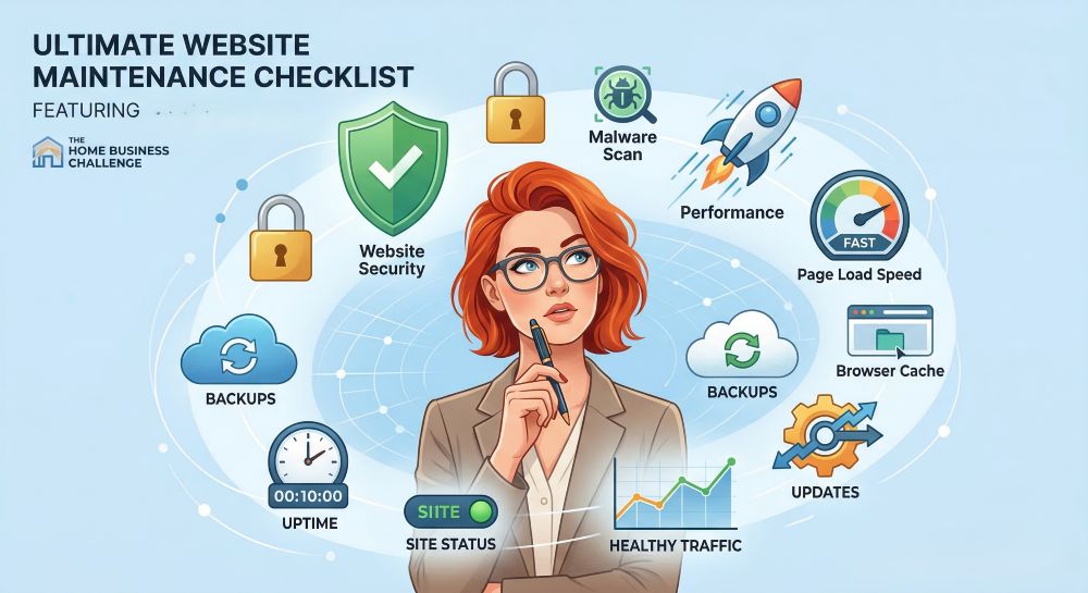 A professional woman with red hair and glasses looks upward thoughtfully with a pen to her mouth, surrounded by a digital orbit of website maintenance icons including security shields, cloud backups, performance rockets, and uptime monitors. The image features the title 'Ultimate Website Maintenance Checklist' and the Home Business Challenge logo.