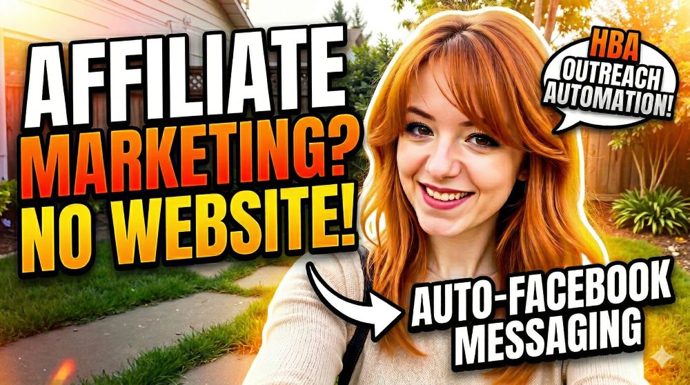 A YouTube thumbnail featuring a woman with red hair and text reading Affiliate Marketing? No Website! with arrows pointing to HBA Outreach Automation! and Auto-Facebook Messaging.