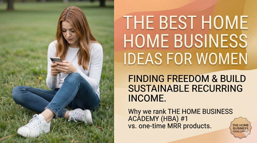 A horizontal blog featured image with a split design. On the left, Becca Newton in a white long-sleeve shirt sits on green grass, looking intently at her smartphone. On the right, a warm orange and cream gradient overlay features bold text: THE BEST HOME BUSINESS IDEAS FOR WOMEN - FINDING FREEDOM & BUILD SUSTAINABLE RECURRING INCOME. Smaller text below compares The Home Business Academy (HBA) to one-time MRR products, with The Home Business Challenge logo in the bottom right corner.